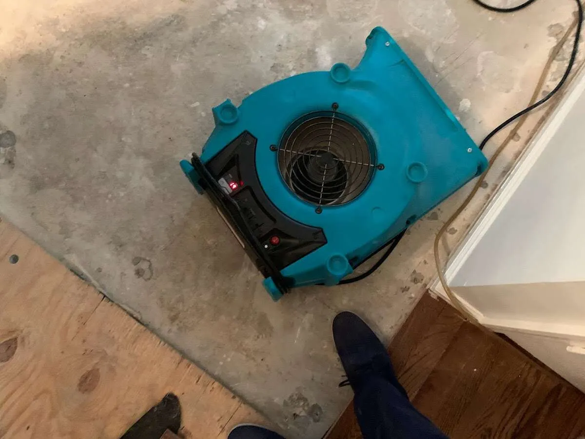 Air mover drying subfloor during Commercial Water Damage Restoration in Palmer Ranch